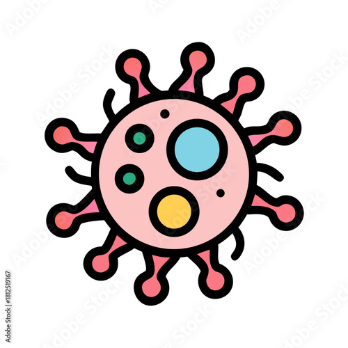 Graphic illustration of a colorful virus cell with spikes on a black background