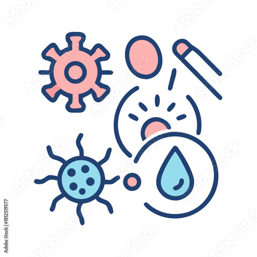 Stylized vector graphics representing medical research with cells, viruses, and other elements