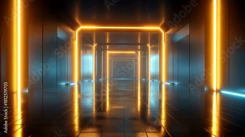 Futuristic Neon Tunnel Corridor with Orange and Blue Lights.