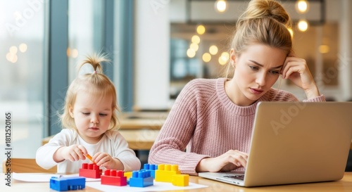  Juggling Act: A mother balances work and childcare, her focus divided between a laptop and a playful child, symbolizing modern challenges.