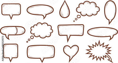A diverse collection of hand-drawn sketchy comic book speech bubbles and thought clouds for communication and dialogue