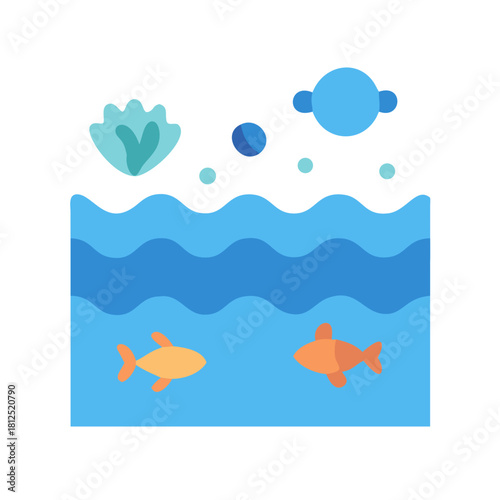 Stylized fish tank illustration with bubbles and seaweed on a black background