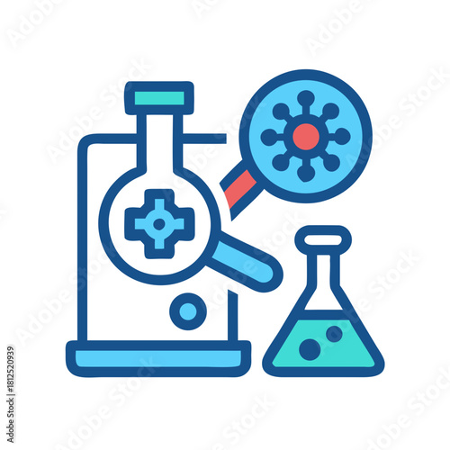 Flat Illustration of Coronavirus Under Microscope with Flask for Medical Research