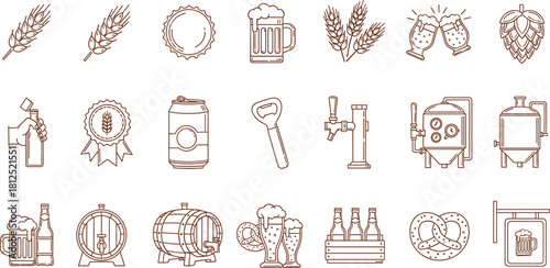 Line art icon set illustrating various elements of brewing, beer products, and pub culture