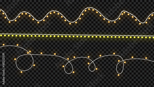 A set of realistic glowing yellow fairy lights, perfect for adding a festive touch to any design. Ideal for Christmas, holidays, parties, special events, and backgrounds.