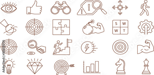 Collection of line icons illustrating the concept of business strategy, success, and personal development goals