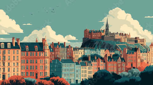 vector style illustration, Cityscape of edinburgh, city of Scotland, attractive touristic advertisement poster, beautiful touristic must-see destination. Beautiful tourist destination.