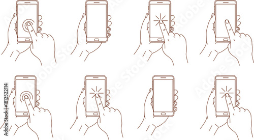 Human Hands Interacting with Mobile Phone Screens in Line Art