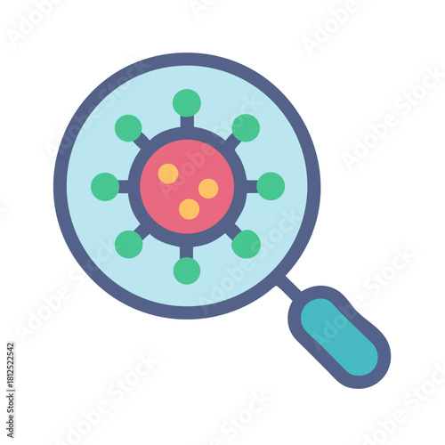 Magnifying glass over virus particle illustration against a black background