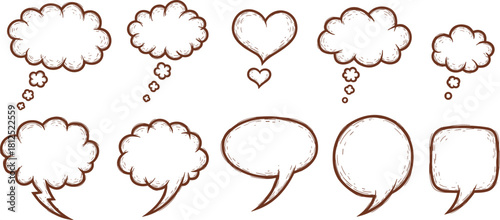 A diverse collection of hand-drawn doodle speech and thought bubbles, including a unique heart shape, perfect for expressing various ideas, dialogues, and conceptual messages in design projects