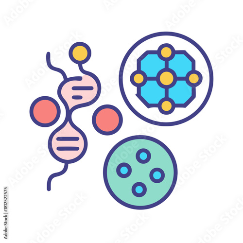 Stylized depiction of molecules and cells representing science and laboratory research