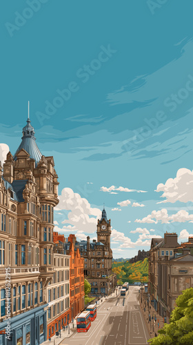 vector style illustration, Cityscape of edinburgh, city of Scotland, attractive touristic advertisement poster, beautiful touristic must-see destination. Beautiful tourist destination.