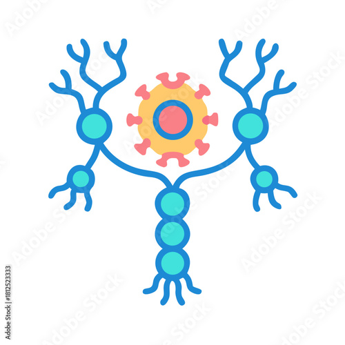 Illustration of Neuron Cell Interacting with Virus Against Black Background