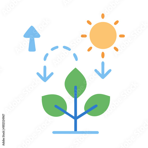 Graphic illustration of photosynthesis process with plant, sun and arrows on black background