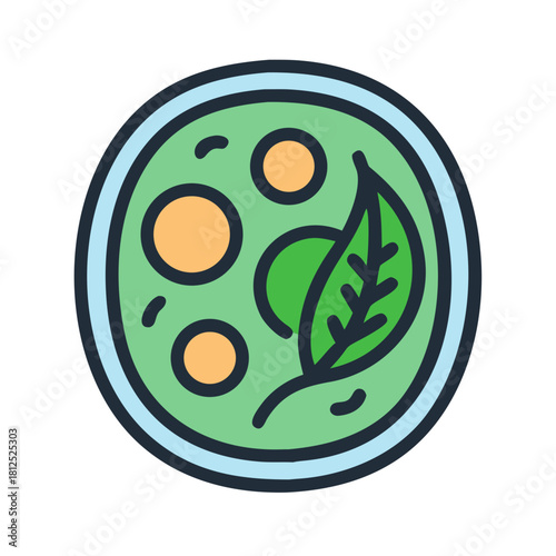 Flat illustration of a healthy vegan soup with green broth and leaf