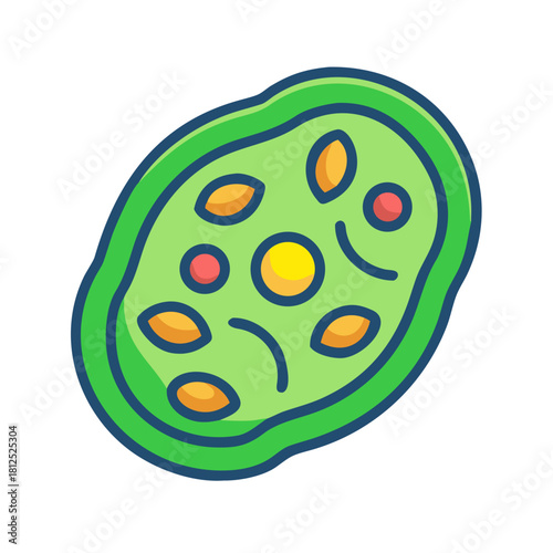 Stylized cell illustration featuring different organelles against a black background for educational use