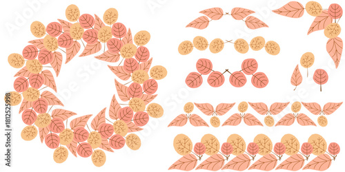 Set of frames and borders with autumn leaves, dividers  and corner for autumn-themed design with leaves of different shapes in delicate shades
