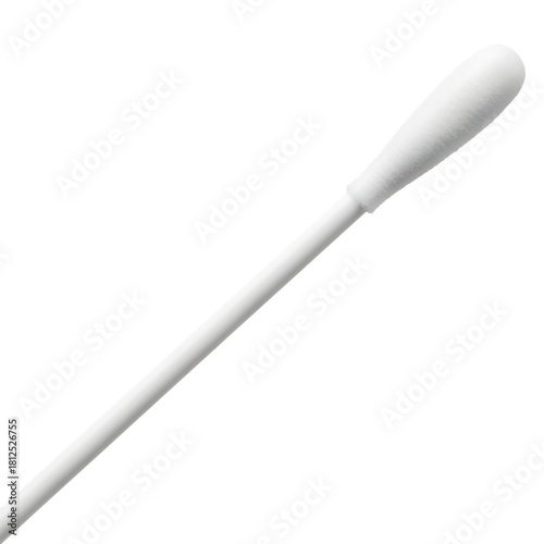 A single white cotton swab with a long white stick on a black background cotton bud