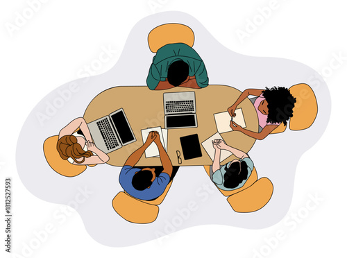 Top-down vector illustration of diverse people  sitting around  wooden table with laptops and papers, minimalist style, yellow chairs, modern office, clean lines, and flat colors isolated 