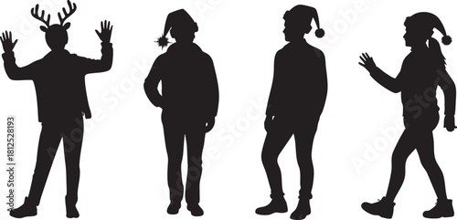 Silhouette festive figures celebrate holiday season isolated against white background