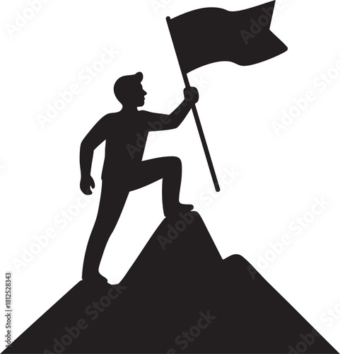 Silhouette of a man reaching peak holding flag symbolizing achievement success