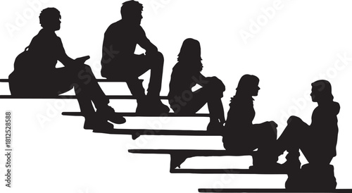 Black Solid Students on Steps Silhouettes Set of Six on White Ba