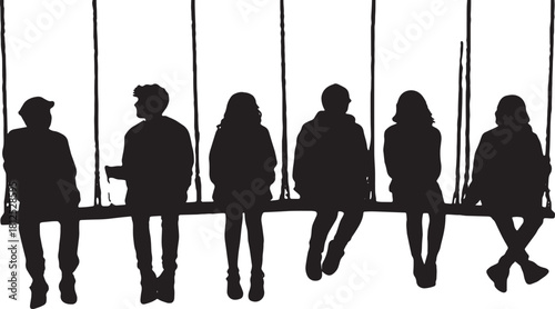 Black Solid Students on Swings Silhouettes Set of Six on White B