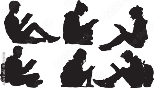 Black Solid Students Reading on Floor Silhouettes Set of Six on