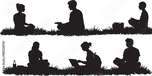 Black Solid Students Cross Legged Silhouettes Set of Six on Whit