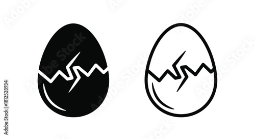 A black and white illustration of a whole and cracked egg side by side