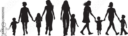 Silhouette of Mothers and Children Walking Together in Unity and Family