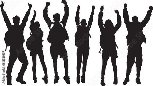 Black Solid Students Cheering Silhouettes Set of Six on White Ba