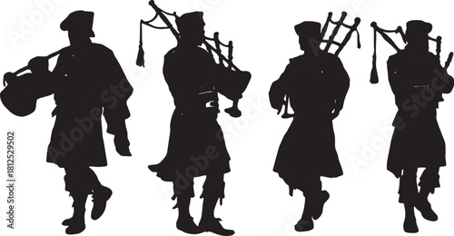 Black Solid Pipe and Drum Band Silhouettes Set of Six on White B