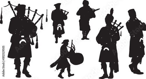 Black Solid Pipe and Drum Band Silhouettes Set of Six on White B