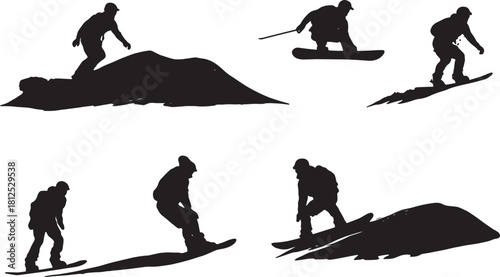 Black Solid Sandboarding Silhouettes Set of Six on White Backgro