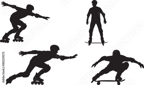 Silhouette of roller skaters and skateboarders in various poses illustration