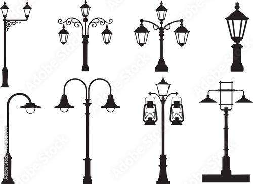 Silhouetted collection of ornate street lamps and vintage lanterns vector image