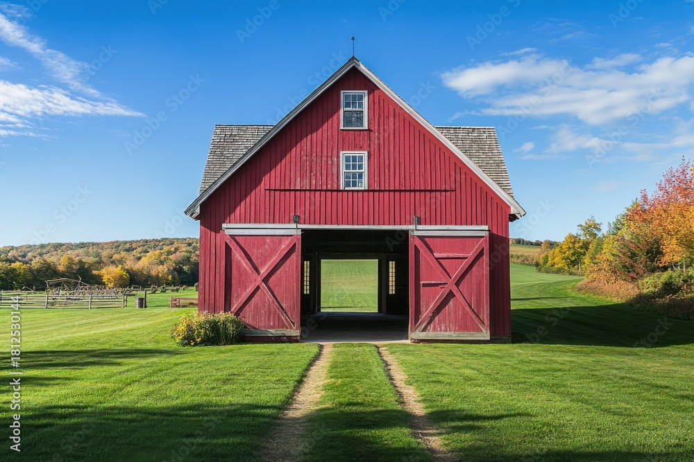 Obraz premium A vibrant red barn stands proudly amidst a stunning autumn landscape, where colorful foliage paints the scene under a bright, clear blue sky