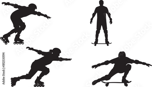 Skateboarders and roller skaters silhouettes riding equipment in skate park