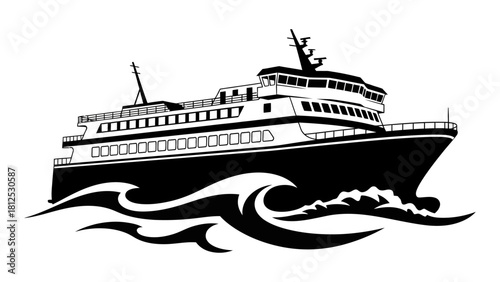 Black and white steamboat on water illustration