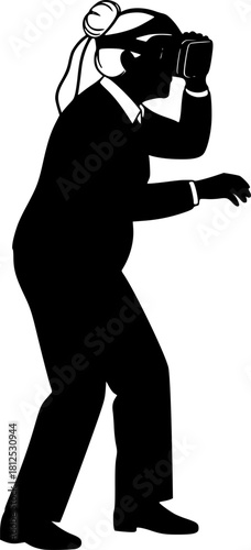Active Senior Digital Literacy Silhouette - Elderly Person Using VR Headset & Tablet Black Vector Icon for Longevity
