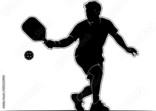 Pickleball Player Silhouette Action Shot - Rectangular Paddle & Perforated Ball Black Vector Icon for Trending Sport