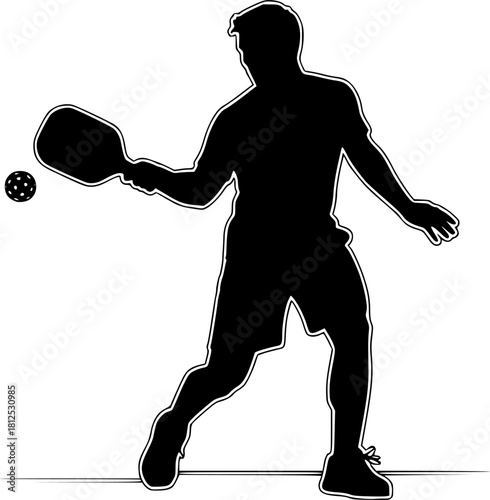Pickleball Player Silhouette Action Shot - Rectangular Paddle & Perforated Ball Black Vector Icon for Trending Sport