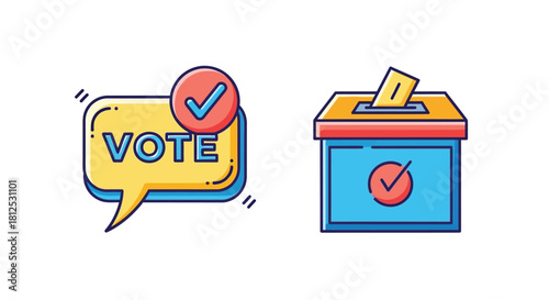Voting process illustrated with a speech bubble and ballot box icon