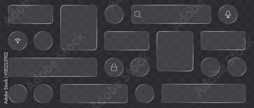 Liquid glass smartphone icon interface isolated for dark theme. White ui light frame square and circle banner with glow stroke. Control center widget for smartphone and web app, vector 