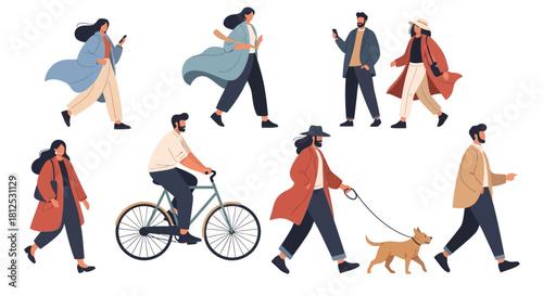 Modern flat vector illustrations featuring people in dynamic walking and lifestyle poses