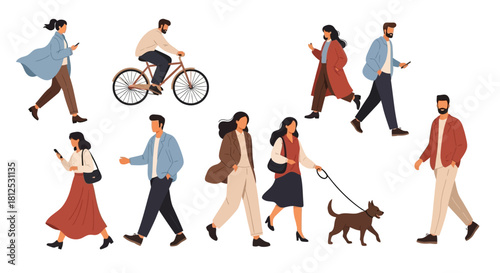 Modern flat vector illustrations featuring people in dynamic walking and lifestyle poses
