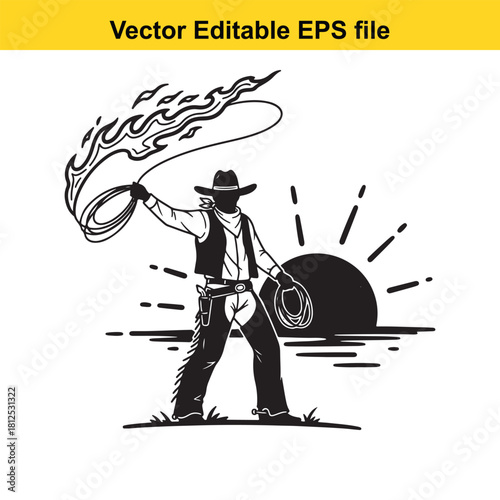 Black and white vector silhouette illustration of a cowboy with a flaming lasso standing against a rising or setting sun, isolated on