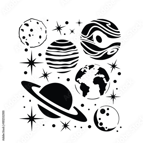 Vector graphic concept of celestial objects, showcasing planets like Earth and Saturn, stars, and asteroids in a black silhouette icon set