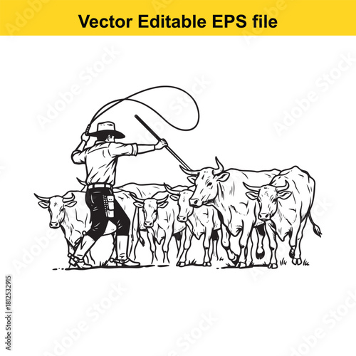 Black and white line art vector illustration of a cowboy cracking a whip while herding a group of cattle, isolated on